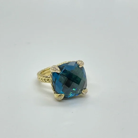 David Yurman Chatelaine Ring 18K Yellow Gold,Hampton Blue Topaz & Diamonds, 14mm - Picture 1 of 9